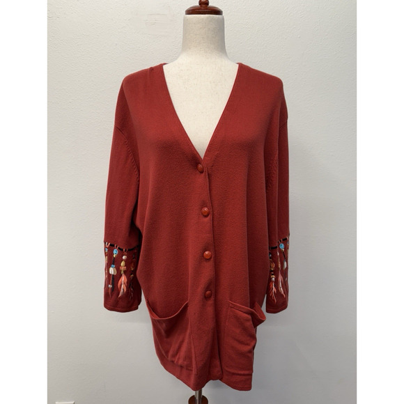 Bob Mackie Embroidered Cardigan Sweater Size 1X Native Aztec Feather Knit Artsy - Picture 2 of 7